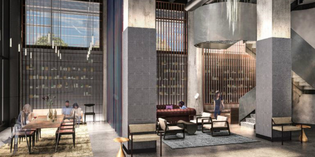 modern and dark steely gray hotel lobby rendering with pin lights hanging from the ceiling